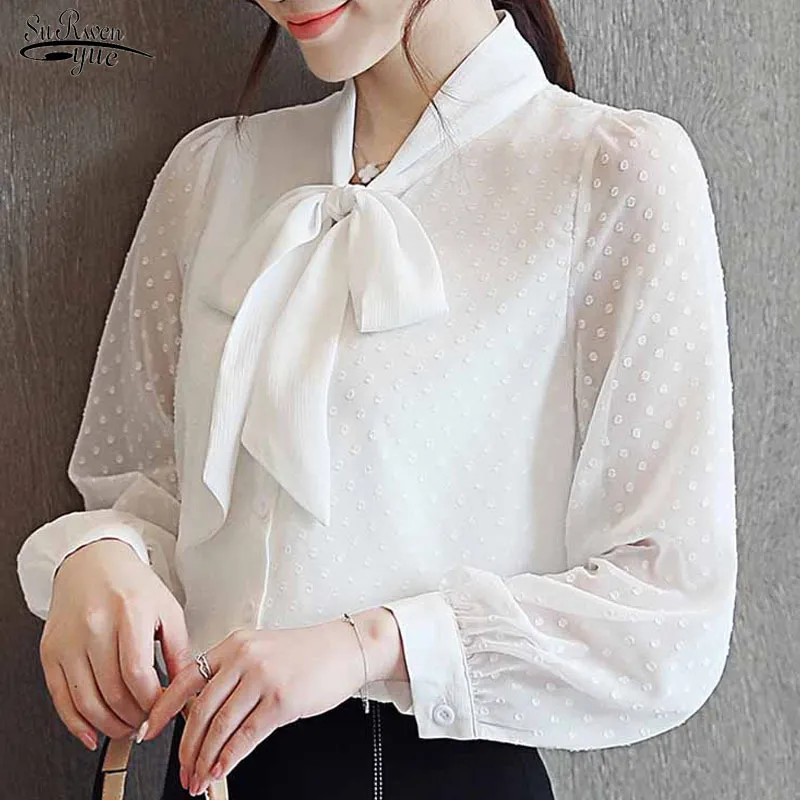 À manches longues en mousseline De soie Blouse femmes automne solide dentelle élégant nœud col Slim Fit dames hauts Blusas Mujer De Moda 10703 210508