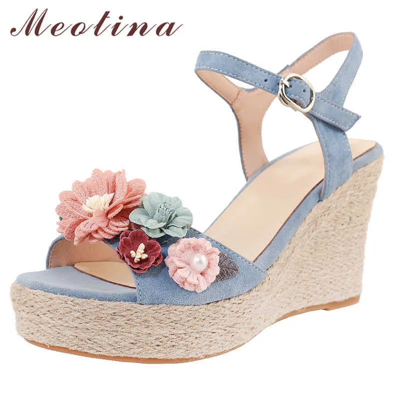 Meotina Sandals Skor Kvinnor Äkta Läder Sandaler Wedges Super High Heel Sandaler Blomma Rund Toe Ladies Skor Sommar Blå 210608