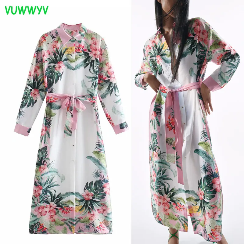 Платье белый тропический принт рубашка ES женская летняя кнопка MIDI женщина с длинным рукавом старинные воротника Vestidos 210430