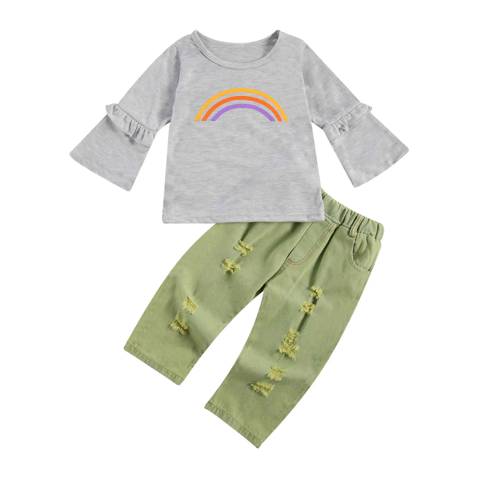 1-6y outono inverno criança criança meninas roupas conjunto arco-íris manga comprida t shirt denim calças roupas trajes crianças 210515