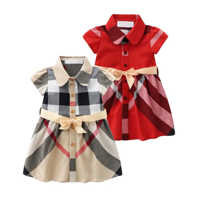 Baby Girls Princess Dress Summer Kids Plaid Short Sleeve Dresses Turn-Down Collar Children Skirts Clothes