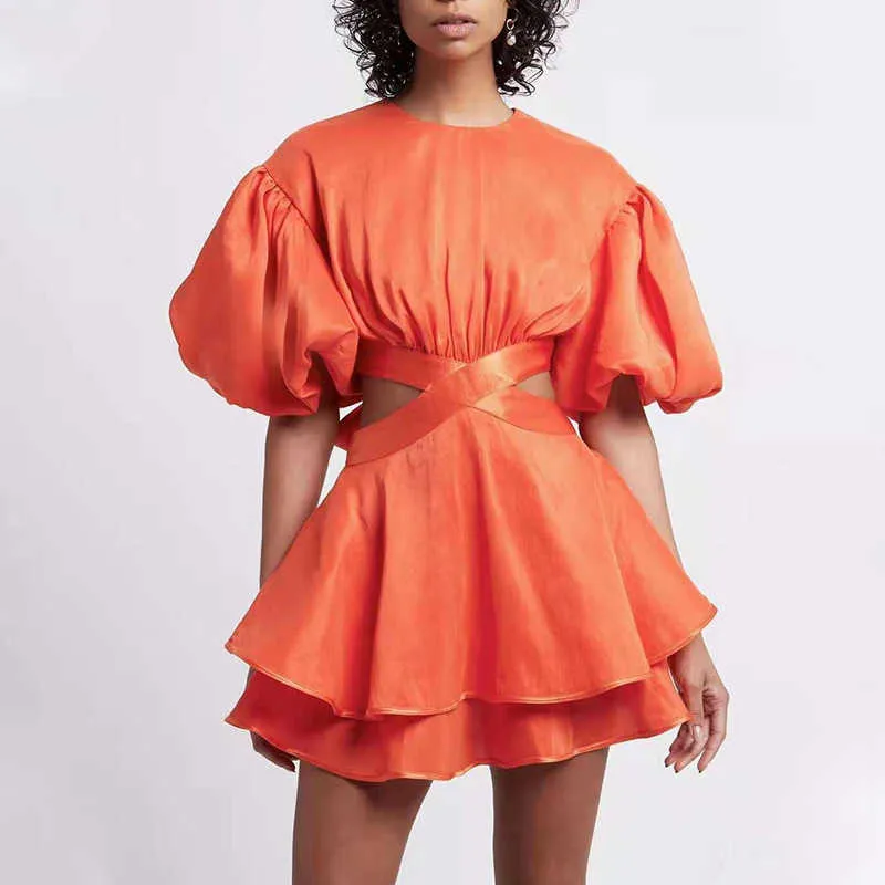 FABPOP Creux Out Mini Robe Femmes O Cou Court Lanterne Manches Haute Taille À Lacets Bowknot Orange Robes Femme GB070 210709