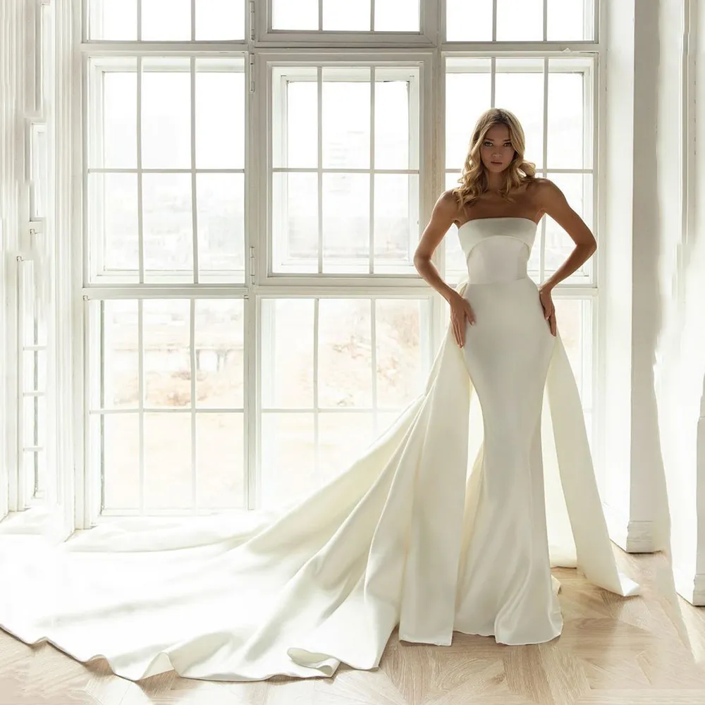 Elegant Mermaid Wedding Dress With Detachable Skirt Strapless Bowknot Satin Bridal Gowns 2022 Vestido De Noiva
