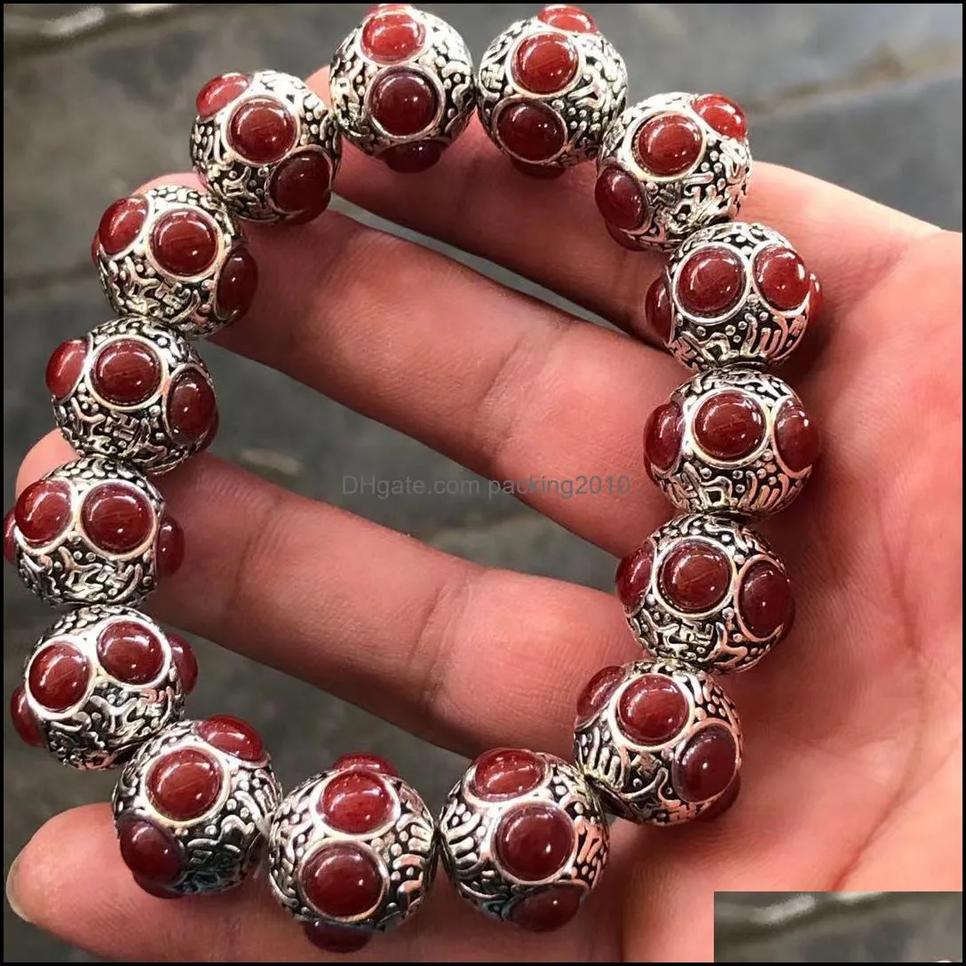 Antique Miscellaneous Wholesale Tibetan Silver Mosaic Jade Bracelet DIY Six Words Mantra Beaded Bracelet One Piece Dropshipping