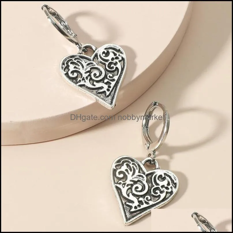 Earrings & Necklace Vintage Heart Jewelry Sets For Women Ancient Silver Color Geometric Flower Pattern Set Gift