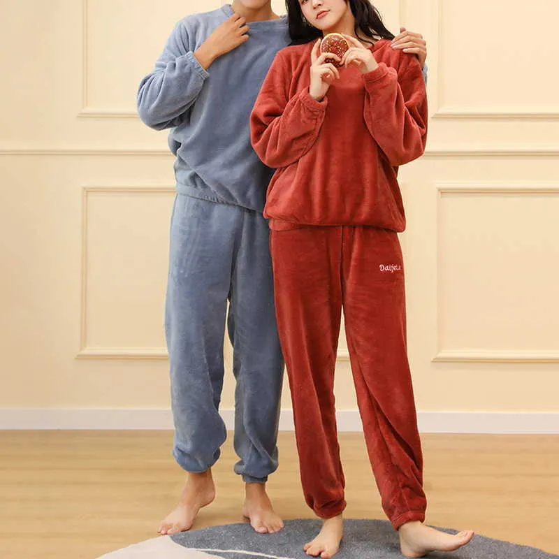 Winter Thick Flannel Sleepwear For Women Men Fashion Couple Home Wear Solid Men's Sleep Suit Ladies Nightgown 2 Piece Sets 211019