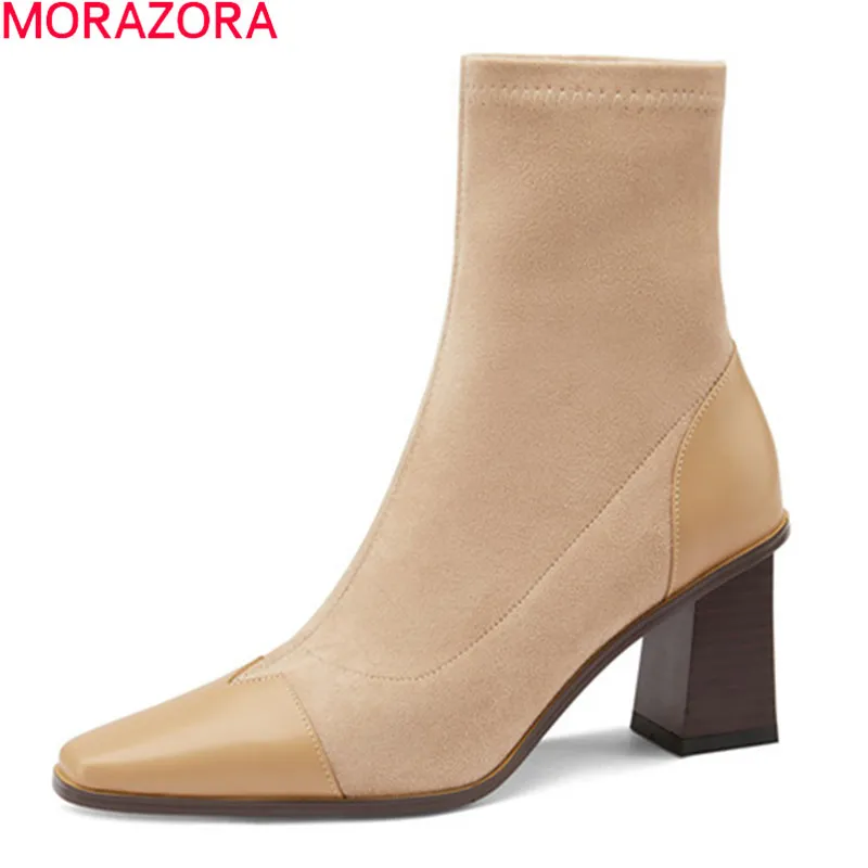 Morazora Botas de Couro Genuíno Botas Espessas Salto Alto Quadrado Toe Senhoras Sapatos Outono Inverno Slip-on Akle Botas para Mulher 210506