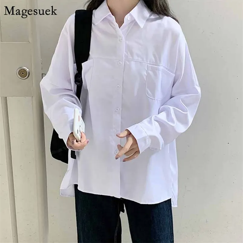 Outono Manga Longa Camisa Branca Mulheres Moda Loose Cardigan Blusas Mulher Bolsos Sólidos Harajuku Blusas Mujer 11408 210512