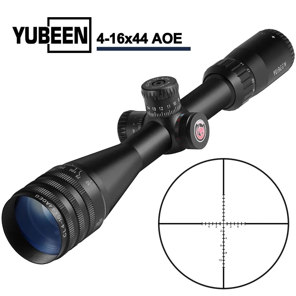 Yubeen 4-16x44 AOE 스코프 조절 가능한 시신경 조절 시야 녹색 빨간색 조명 소총 사냥 범위 전술 에어 소프트 리플 스코프