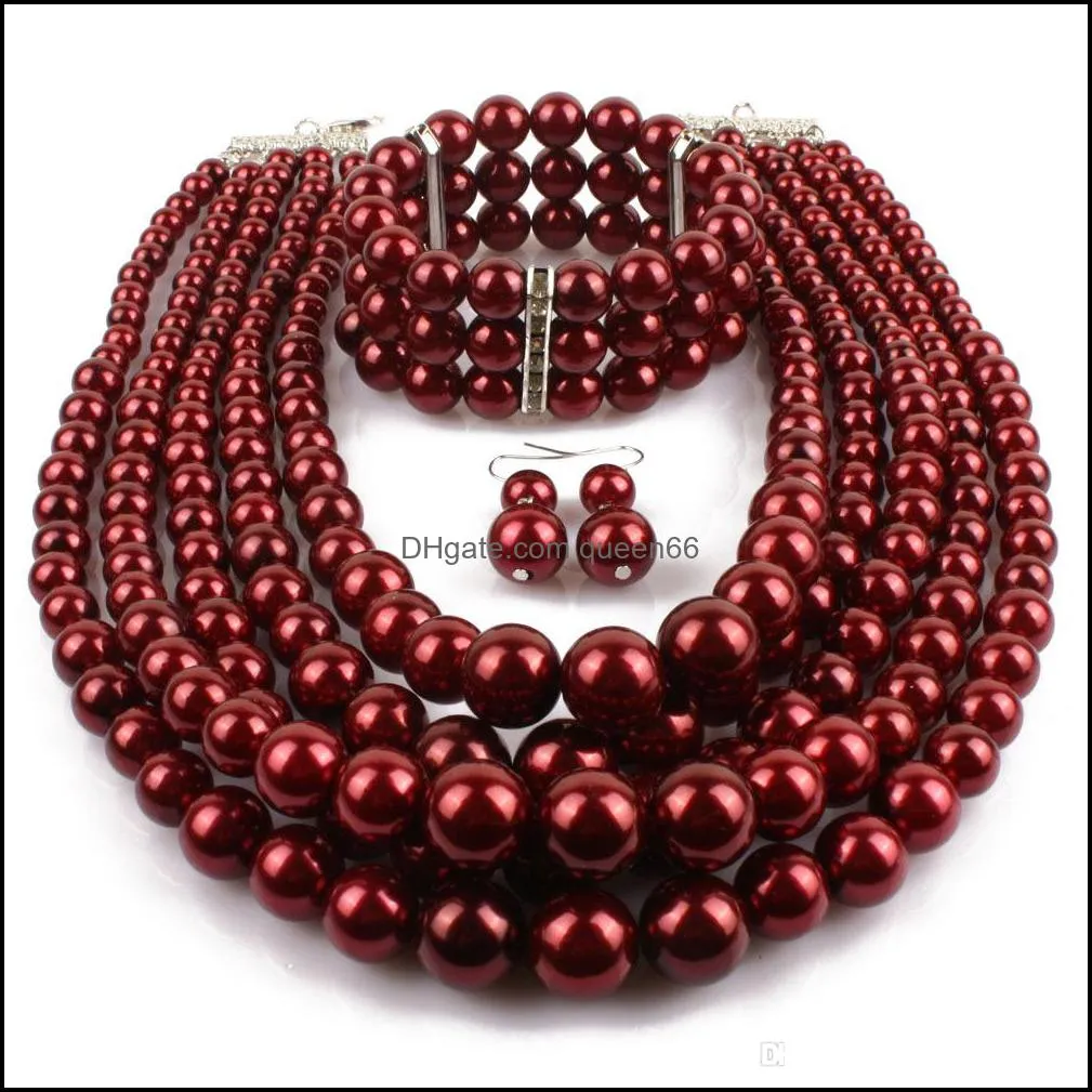 Red Imitation Pearls Bridal Jewelry Sets Women Fashion Wedding Gift Classic Ethnic Collar Choker Necklace Bracelet Earring Sets