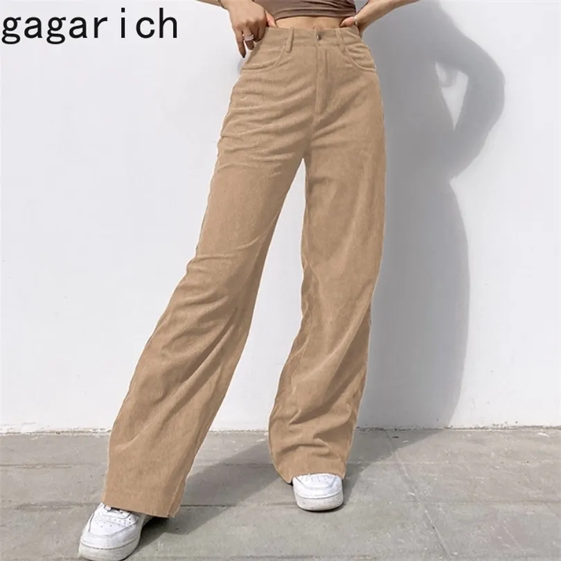 Gagarich femmes pantalons décontractés rétro Vintage velours côtelé printemps taille haute lâche mince solide tout match jambe droite 211124