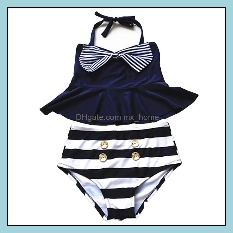 Jedno kawałki pływanie odzież dla niemowląt Baby, MaternityPrettyBaby Big Girls Spódnica Dwuczęściowe Stroje kąpielowe Paski Sailor Koszula Wysoka Talia Bikini Set Nav