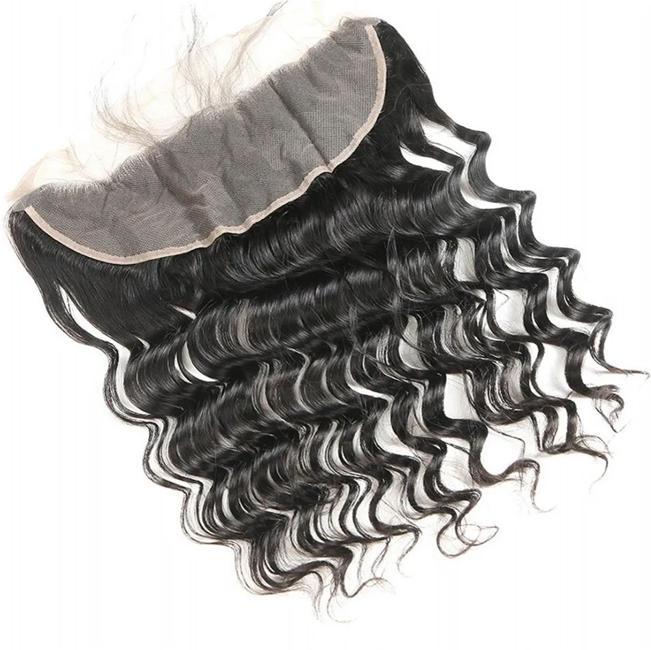 13x4 spets frontala stängning brasiliansk lös djup våg naturligt färg mänskligt hår tre mellersta fria delar före plockad