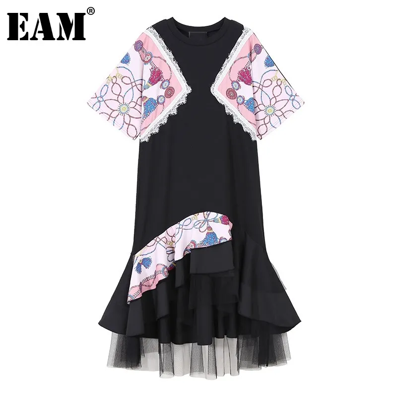 [Eam] Mulheres Irregulares Indicados Impresso Renda Mash Vestido Redondo Pescoço De Manga Curta Loose Fit Moda Primavera Verão 1d8535 210512