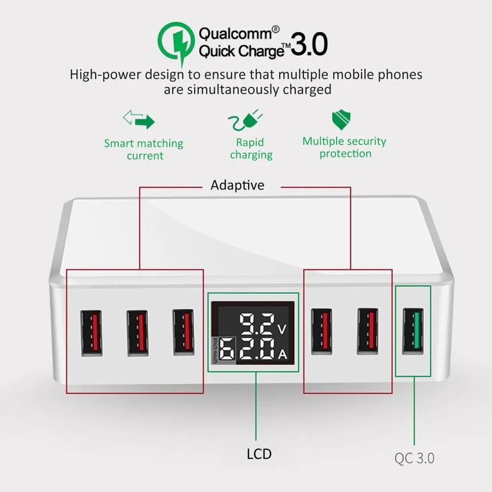 Multi-Ports 6 USB-laddare QC3.0 Quick Fast Travel Power Adapter Station Digital Display Mobiltelefon Laddare