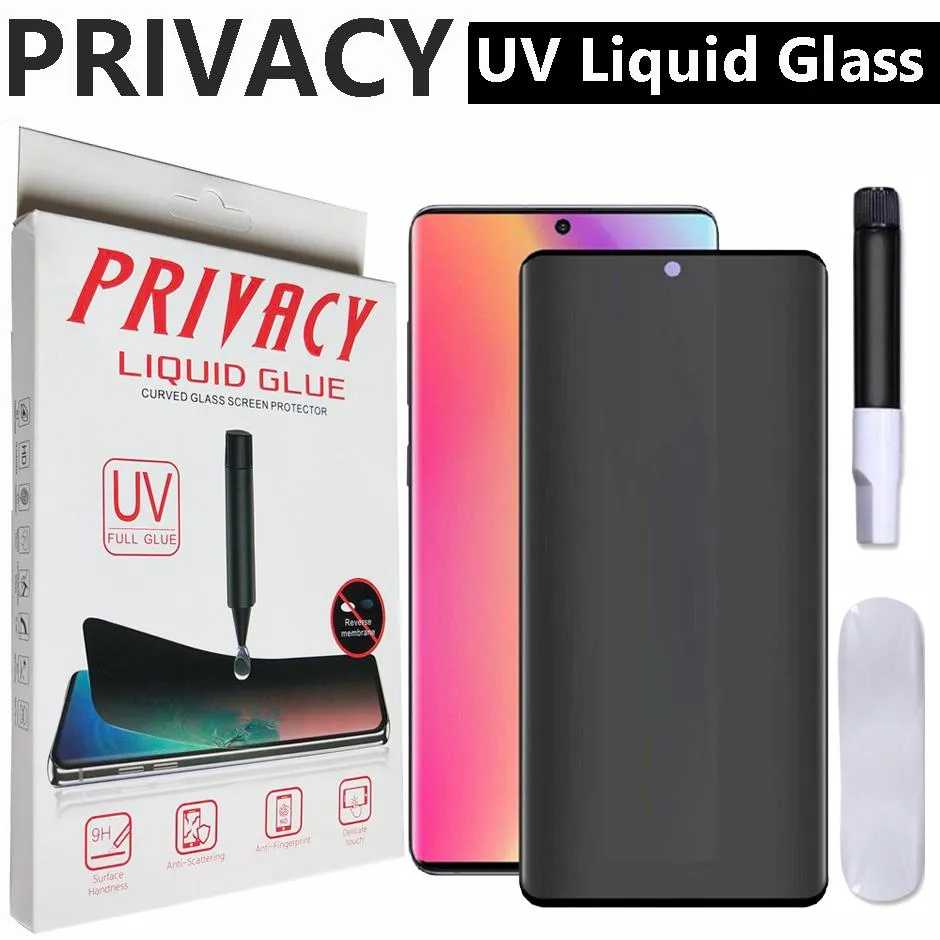 Skärmskydd Sekretess Anti-Glare UV Nano Vätska Fullt limthärdat glas för Samsung Not 20 S20 Ultra Plus S10 S8 S9 Notera10 Note8 Note9