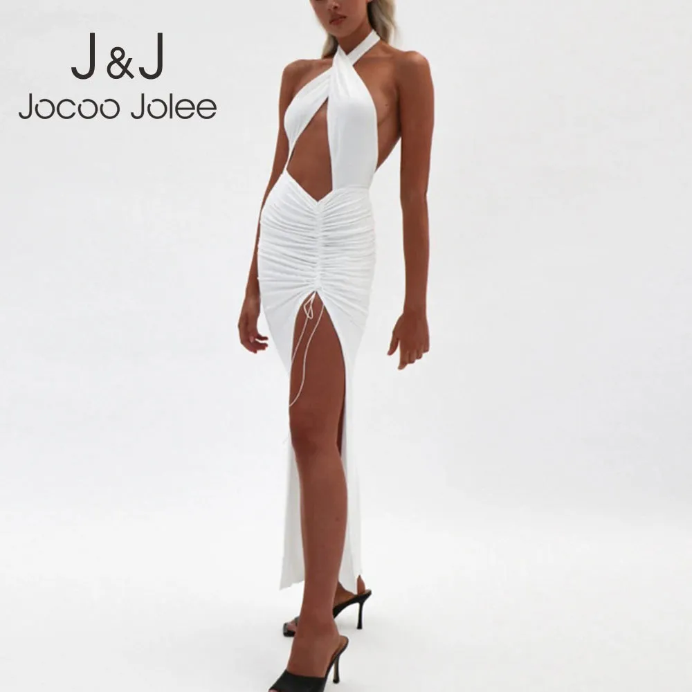 Irrégulière évider taille à bretelles froncé jambe robe ouverte robe de soirée femmes été sexy avant croix licou dos nu maxi robe 210518