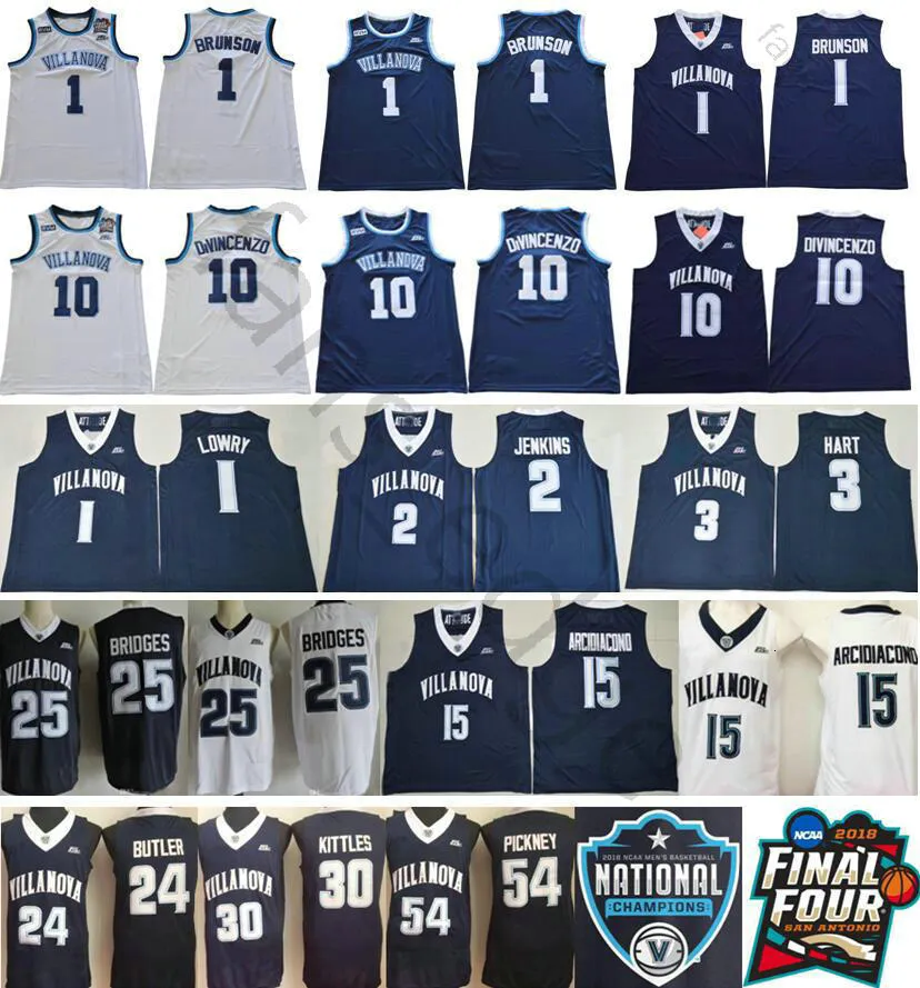 NCAA Villanova Wildcats 1 Jalen Brunson 10 Donte DiVincenzo 25 Mikal Bridges Kyle Lowry Kris Jenkins Arcidiacono 3 Josh Hart Genähtes Trikot