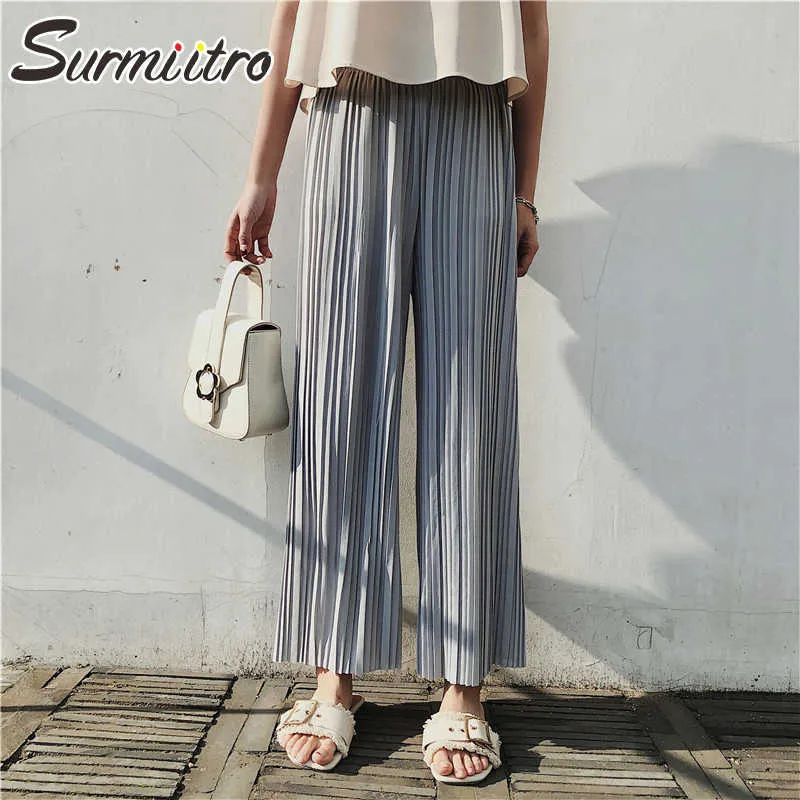 Surmiitro verão moda longa perna larga calça mulheres estilo coreano chiffon cintura alta tornozelo comprimento plissado calças feminina 210712