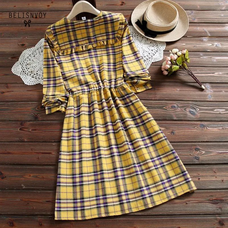 Japanese Mori Girl Red Yellow Plaid Vintage Dress Spring Autumn
