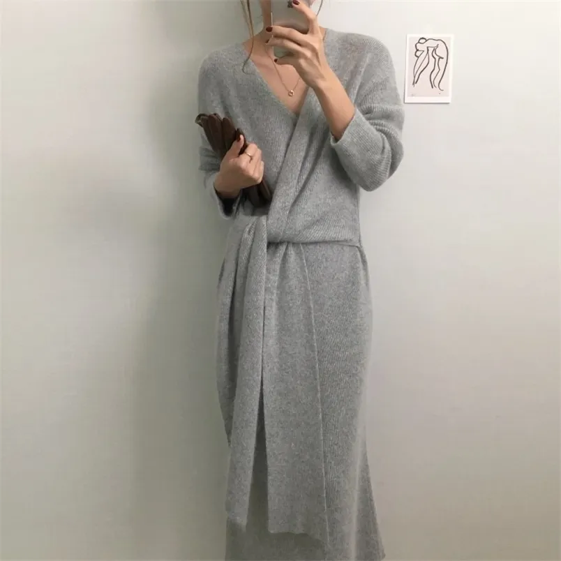 Outono inverno coreano cintado longo camisola vestido mulheres casual macio macio cashmere malha feminina elegante vestidos 210514