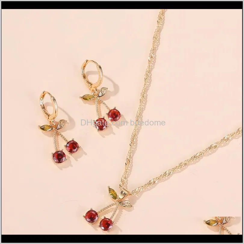 earring necklace jewelry sets cherry leaf shape pendant red crystal setting gold color plated metal chain fro wedding party