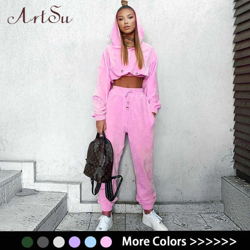 ArtuSu Flannel 2 Två Piece Set Sport Suit Pink Fleece Crop Top Hoodies Sweat Pants Kvinnor Matchande Sats Kläder Outfit Sportkläder Y0625