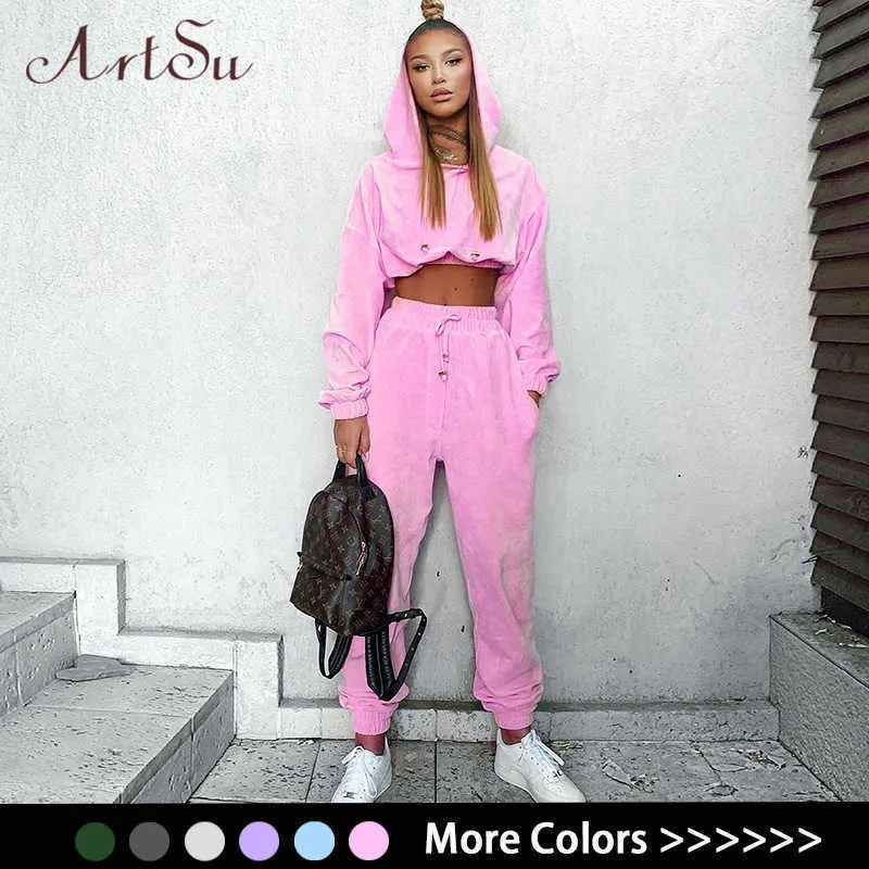 Artsu Flanelle 2 Deux Pièces Ensemble Sport Costume Rose Polaire Crop Top Sweat À Capuche Pantalon Femmes Ensembles Assortis Vêtements Tenue De Sport Y0625