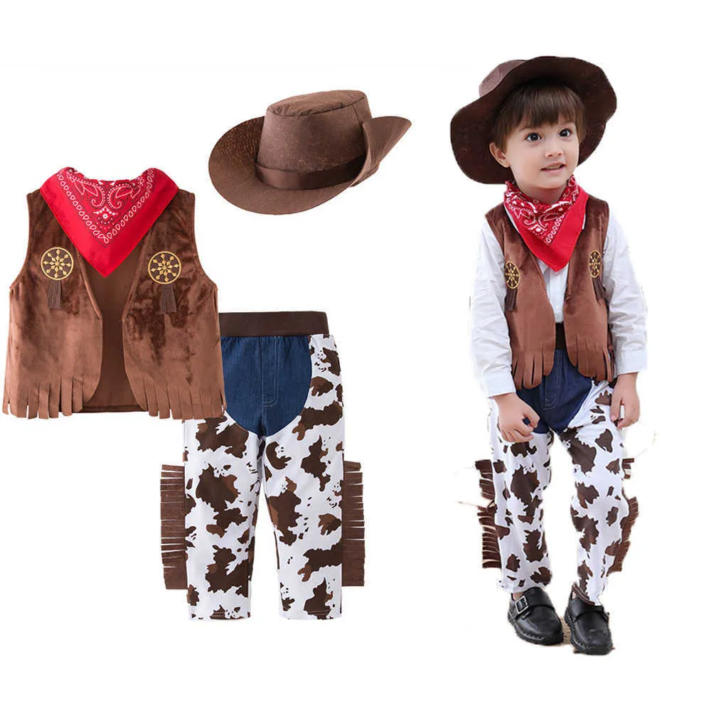 Fantastico set completo Baby Kids Cosplay Costume da cowboy Western Cowboy per Halloween Compleanno Festa per bambini Costumi Q0910