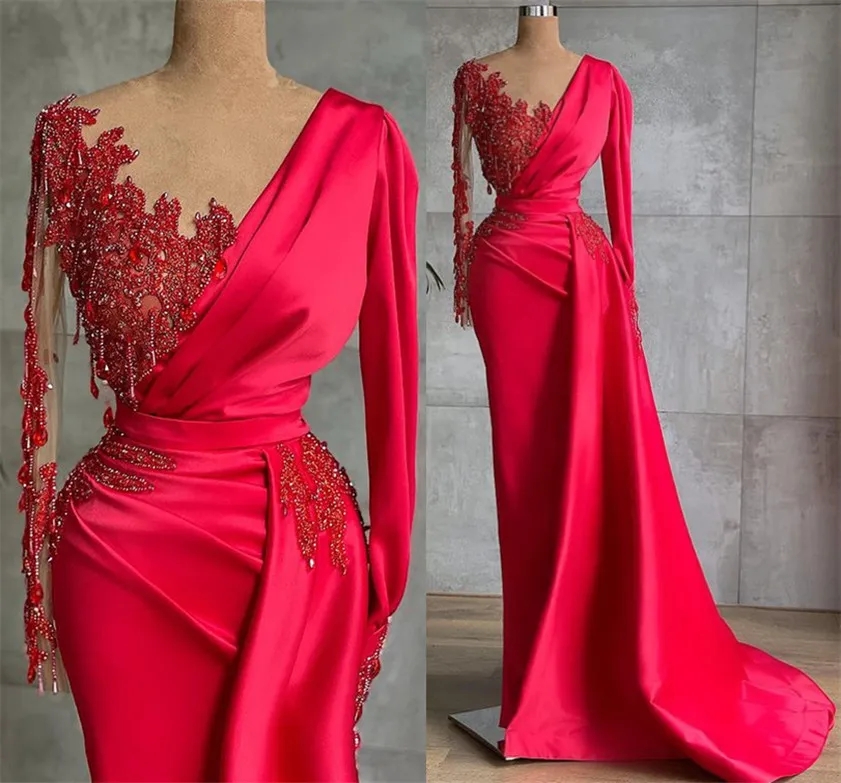 Plus Size Arabic Aso Ebi Red Sexy Luxurious Prom Dresses Lace Beaded Crystals Evening Formal Party Second Reception Gowns ZJ264