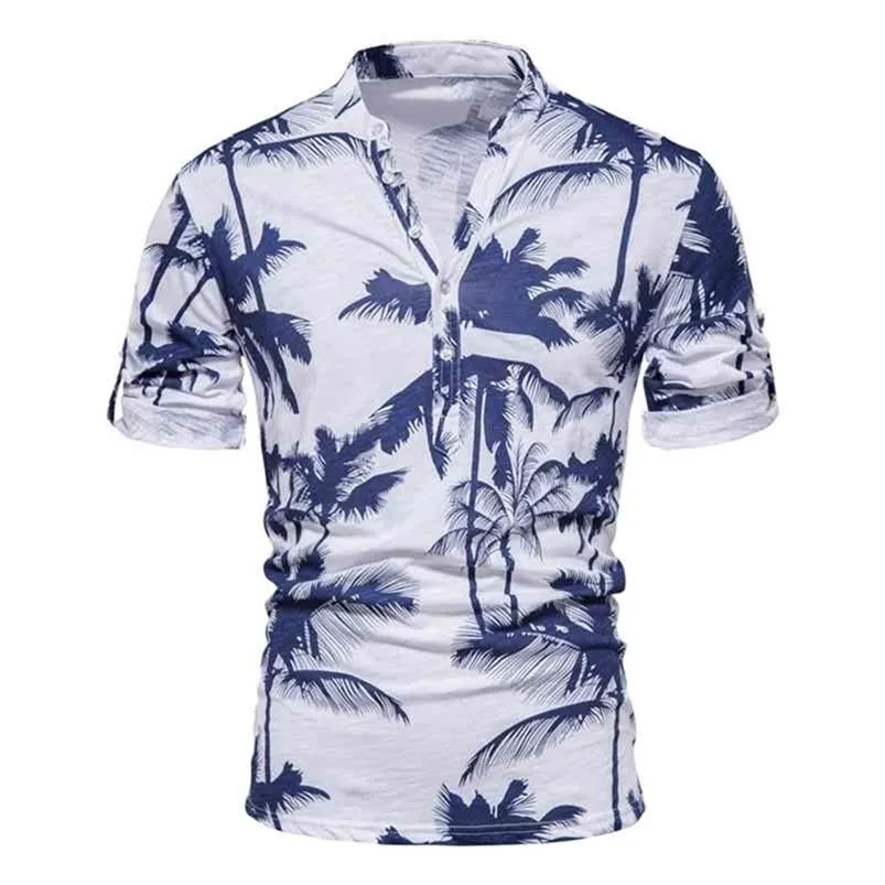 AIOPESON Hawaii Style T-shirt uomo estate casual colletto alla coreana 100% cotone s T Shirt moda abbigliamento di alta qualità 210706
