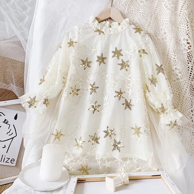 Çocuk Bebek Bahar Sonbahar Elbise Kızlar Yıldız Baskı Peri Net İplik Uzun Kollu Prenses 1-6Y Parti CLO 210515