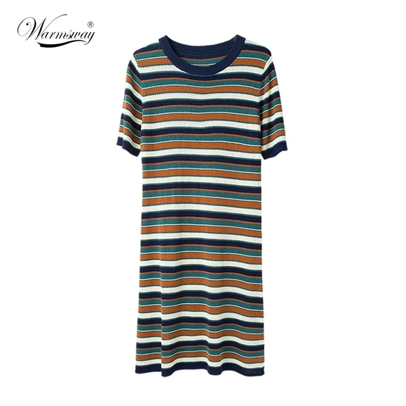 Summer Women Wool Striped Dresses Casual Female O-Neck Knitting Short Sleeve Hollow Out Straight C-267 210522