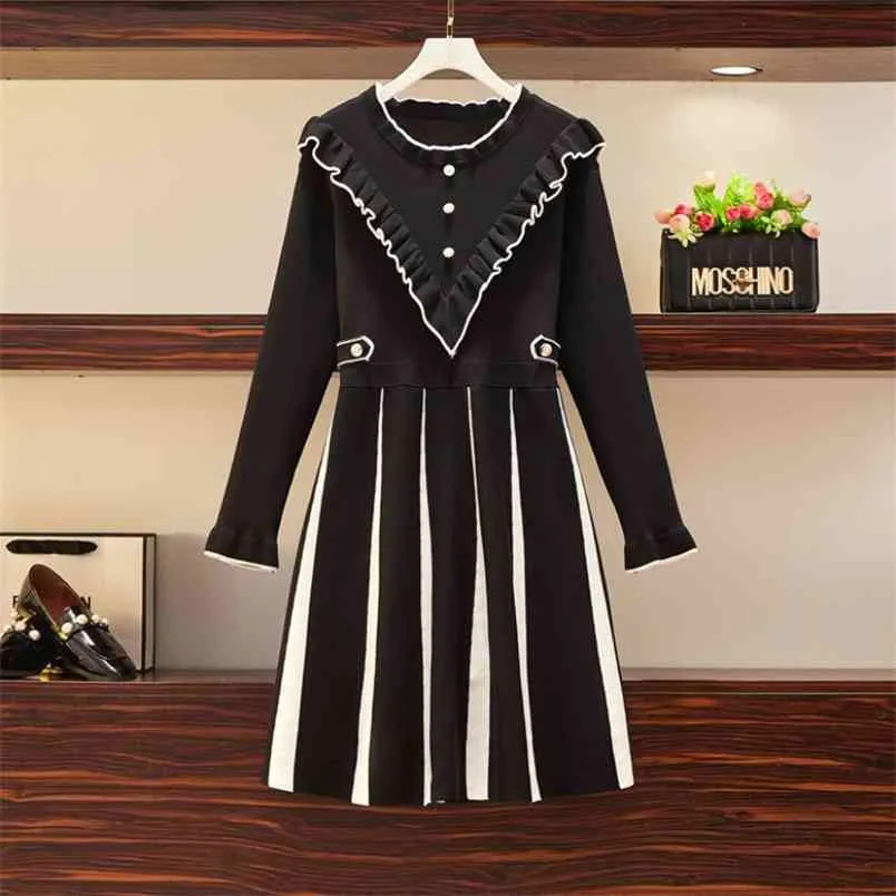 Plus Size Women's Autumn and Winter Wear Fat Sister, Age Reduction, Belly Thinning, Knitted Mid-length Dress UK162 210506