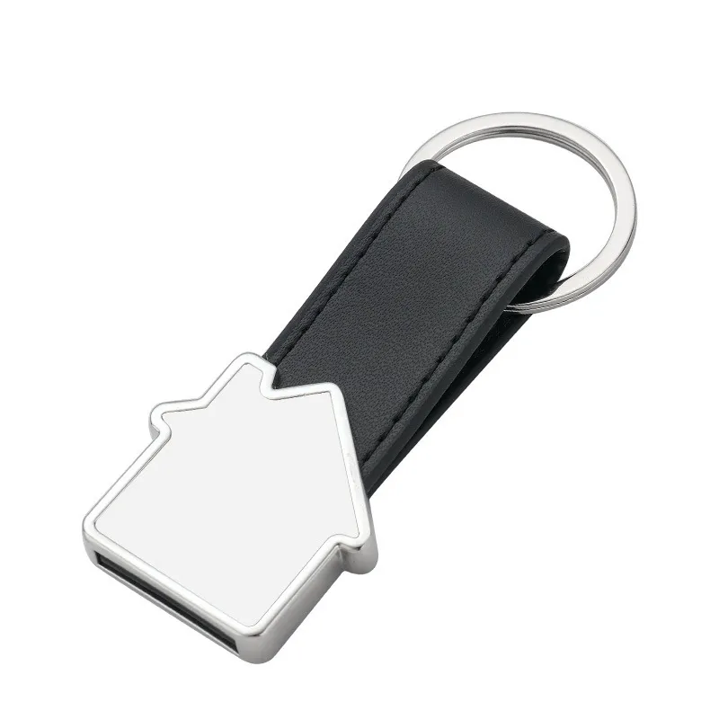 Accueil personnalisé porte-clés en métal faveur sublimation porte-clés en forme de maison avec anneau en cuir PU pendentif clé souvenir rectangulaire unique ZC811