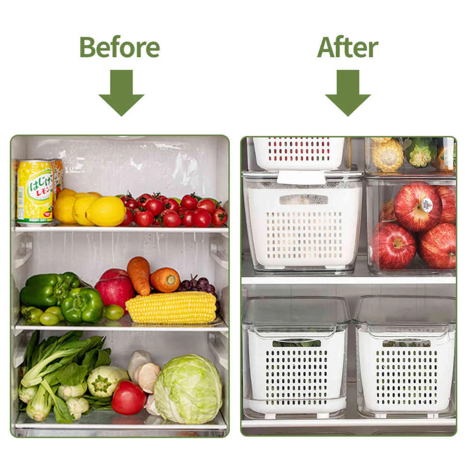 Caja de almacenamiento para refrigerador, organizador de frutas y verduras  frescas, cesta de drenaje, contenedores de