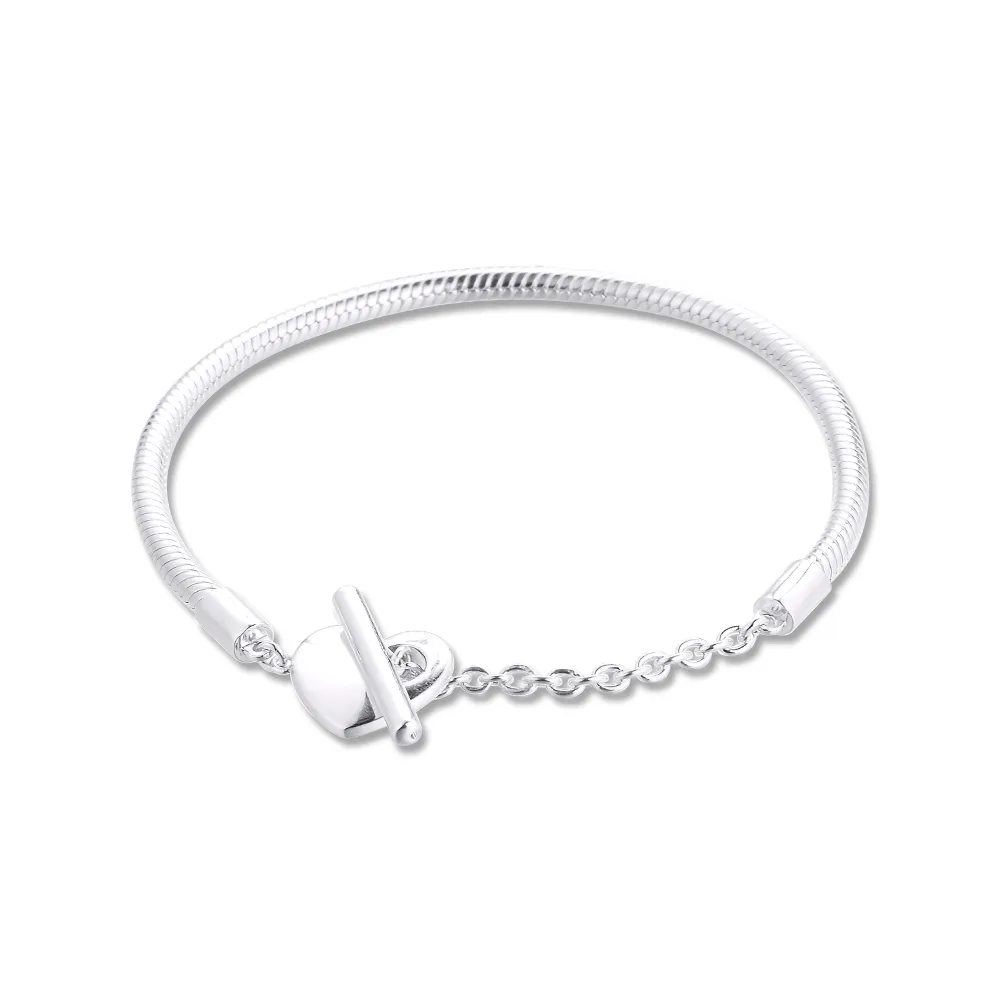 Armband Kvinnor Hjärta T-Bar Snake Chain Armband 925 Sterling Silver Smycken Femme Pulseira Plata de Ley Armband