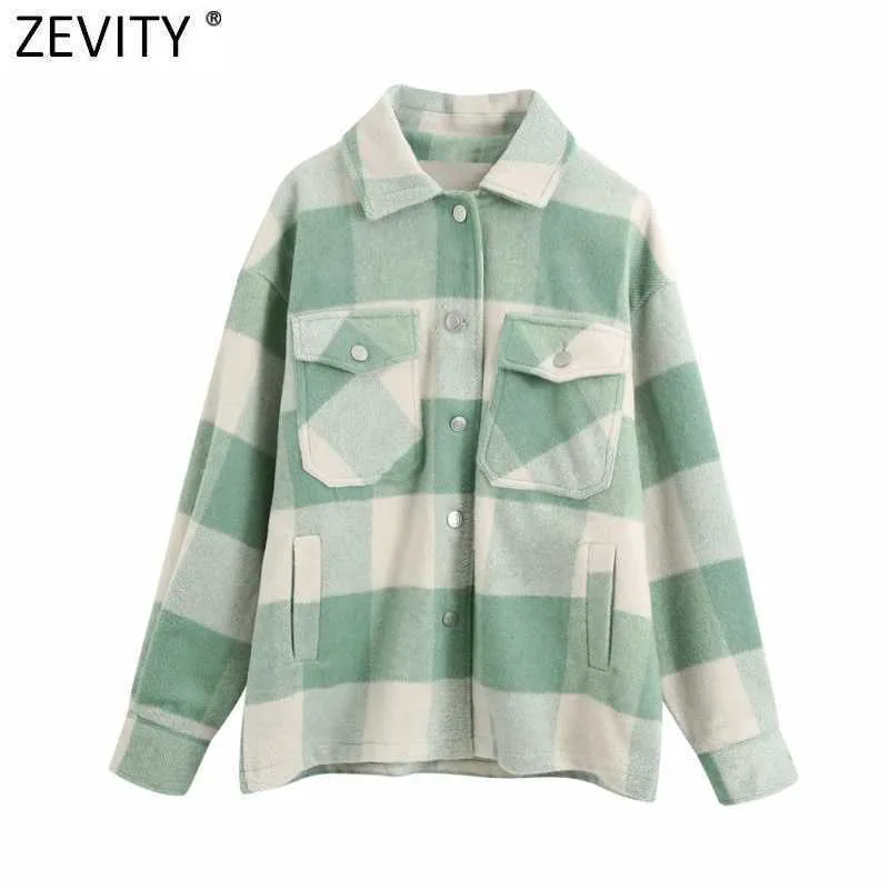 Zevity Womenビンテージスタイリッシュなポケットパッチ特大のチェック柄ジャケットラペルカラー長袖ルーズアウターコートシックトップスCT611 210603