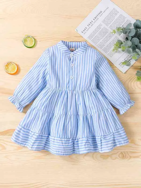 Baby Vertical Stripe Flounce Sleeve Ruffle Hem Dress SHE