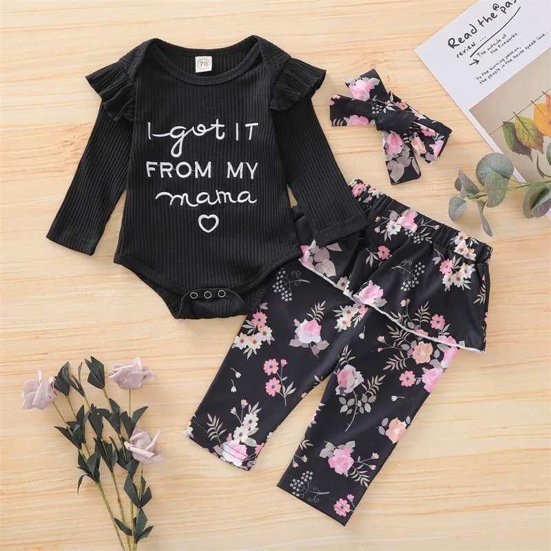 Baby Girls Clothing Sets Kids Clothes Girl Round Collar Long Sleeves Floral Printed Trousers Headband Three Pieces Sets 377 J2