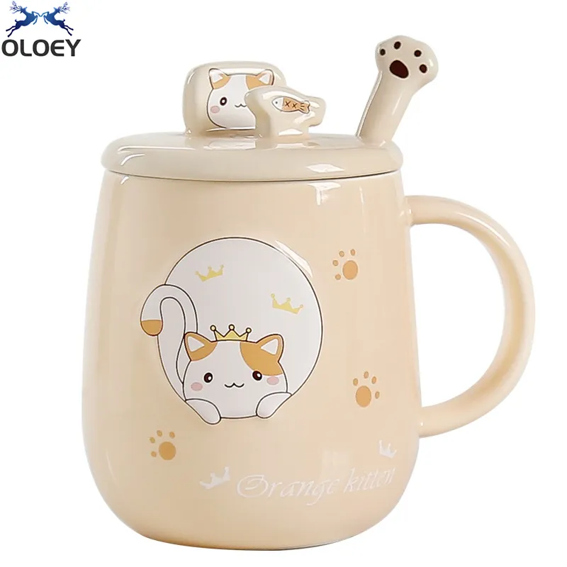 Caneca do suporte do telefone móvel com colher da tampa da personalidade criativa dos desenhos animados do gato do gato de cerâmico Ins Cup