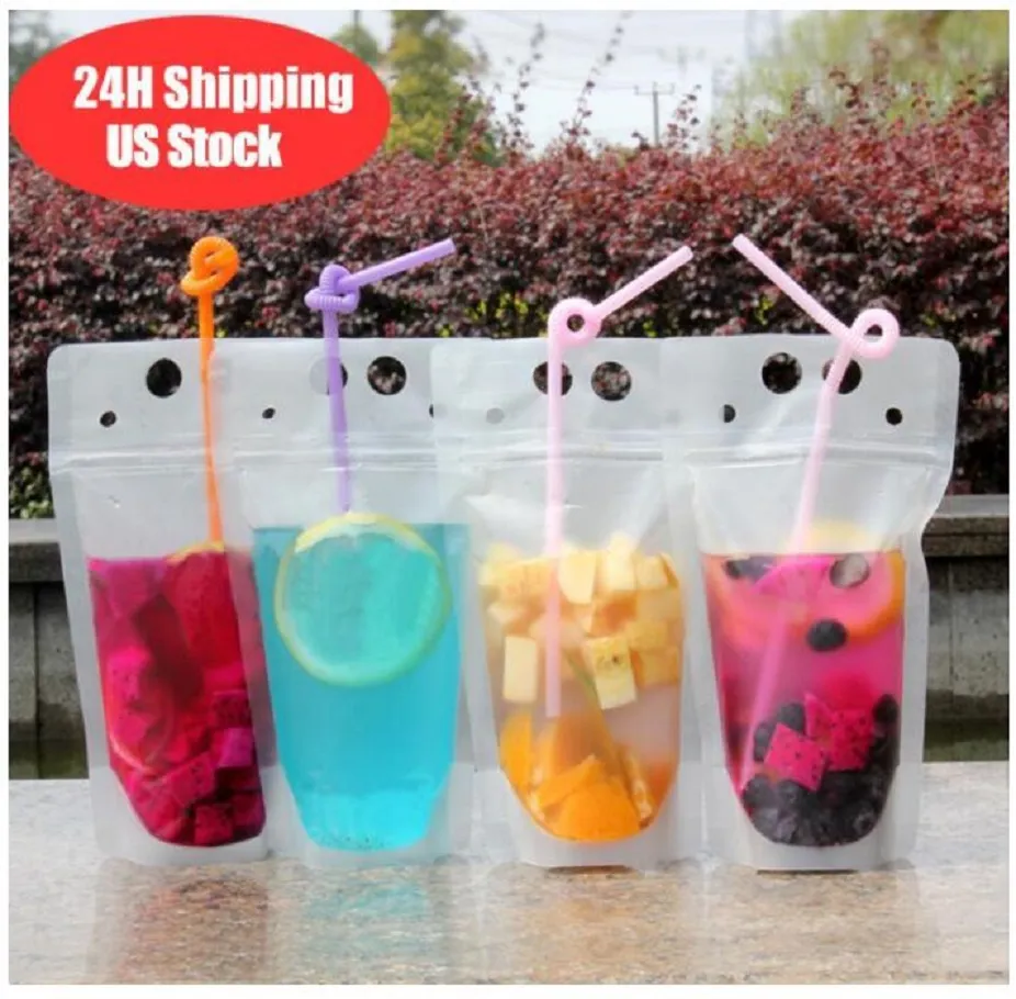 500pcs Clear Drink Pouches Bags frosted Zipper Stand-up Plastic Drinking Bag with straw with holder Reclosable Heat-Proof