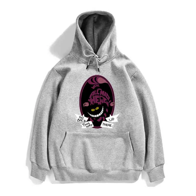 Funny Cheshire Cat Hoodie Cartoon Printing Fleece Male Hoodies Street Hip Hop Men Sweatshirts Warm High Quality Mens Pullover H1218