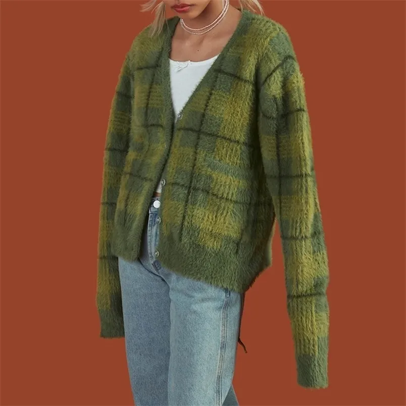 Green Plaid Cardigan Fuzzy Knit Front Button Cropped TY Harajuku