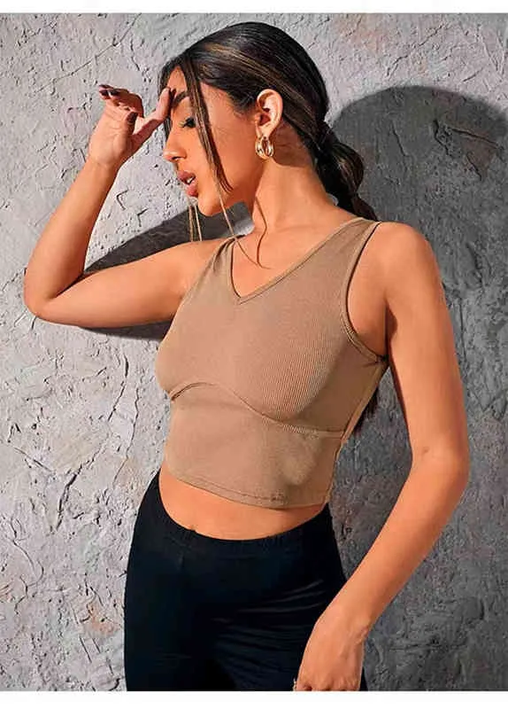 2021 European and American women's basic style shirt sleeveless ribbed vest short t-shirt tops women's tube top V-neck tights le Y220304