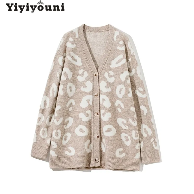 Yiiyiyouni осень зима негабаритный леопардовый свитер кардиган женщин повседневная V-образным вырезом вязаные свитера одиночные погружные джемпер 211011