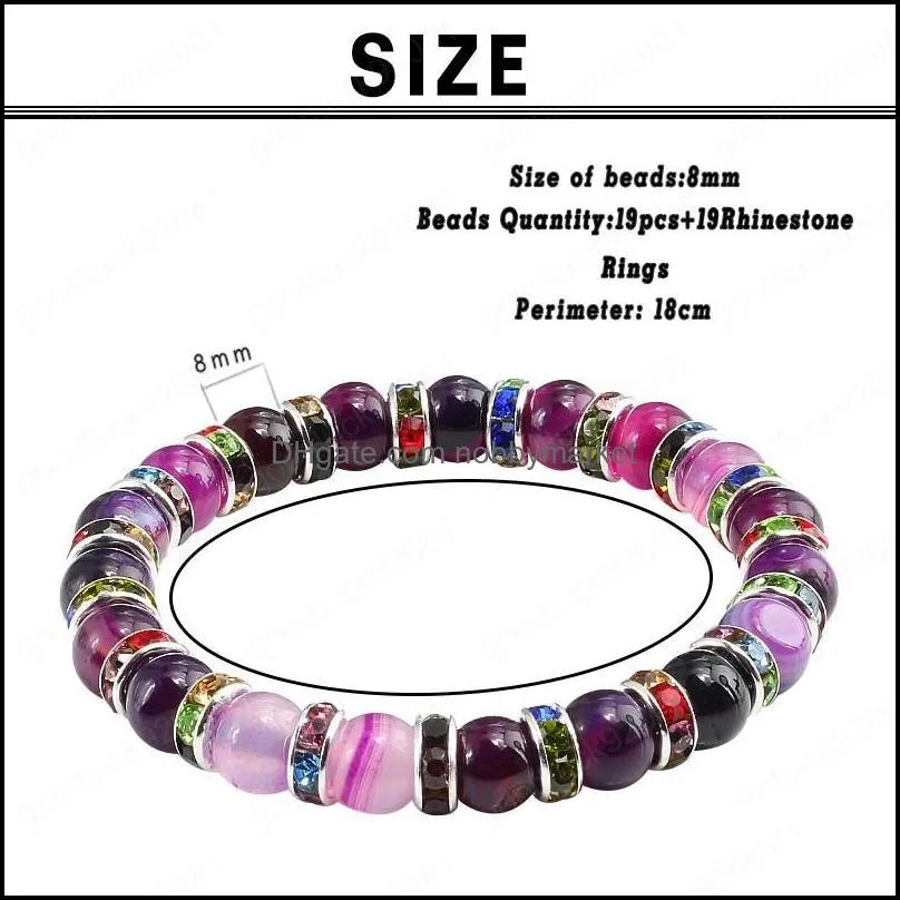 Fashion Natural Stone Bracelet Charm Women Color Crystal Rhinestone Purple Agates Beads Bracelets Bangles Women Elastic Jewelry