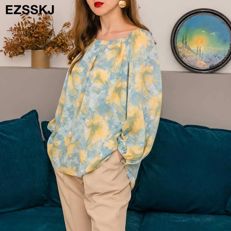 chique bladerdeeg mouw chiffon blouse shirt vrouwen camouflage losse vrouwelijke sexy kleurrijke slashneck blouse top elegante top y0621