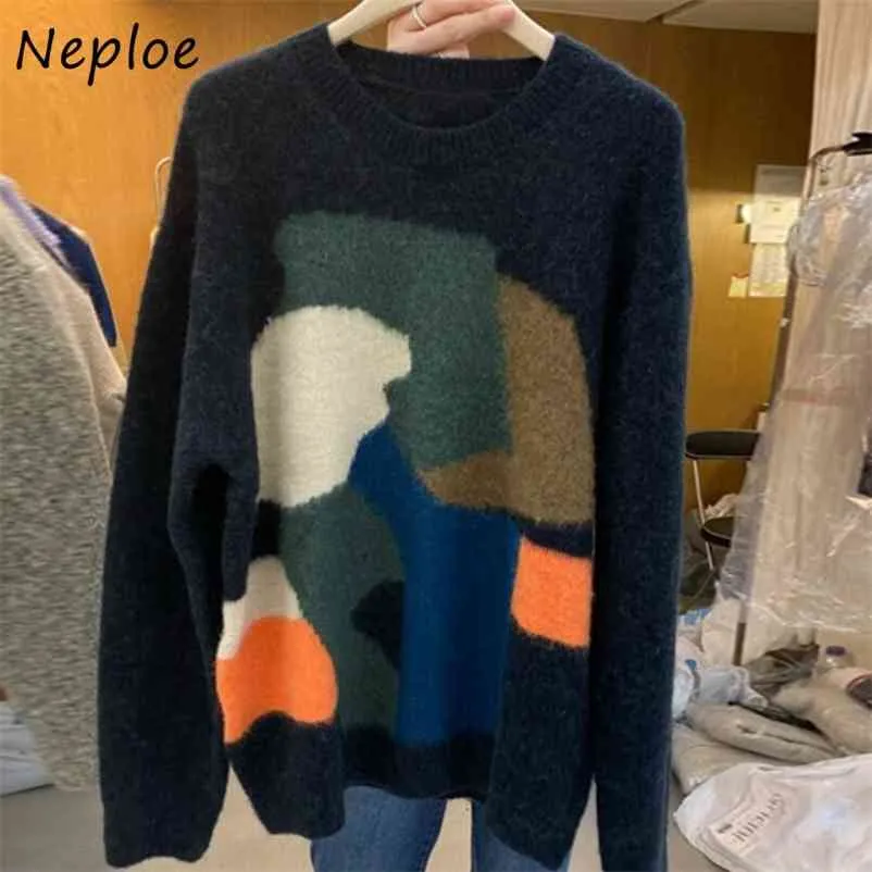 Nepoloe Lâche Fou Style Pull Pull Femmes O Cou À Manches Longues En Tricot Pull Femme Hiver Couleur Hit Patch Chaud Sueter 210422