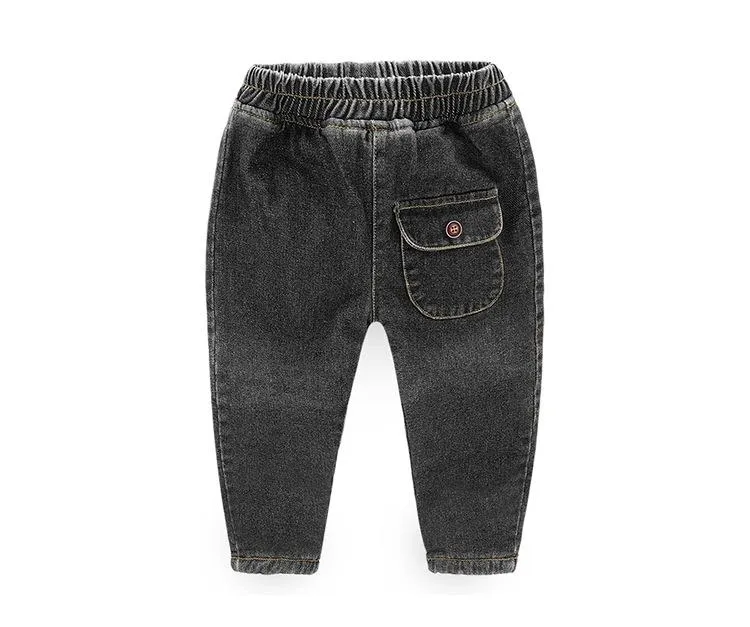 Jeans Boys Kids Plus Velvet Thick Denim Pants 2023 Winter Children's Clothing Korean Patch Pocket Baby Cowboy